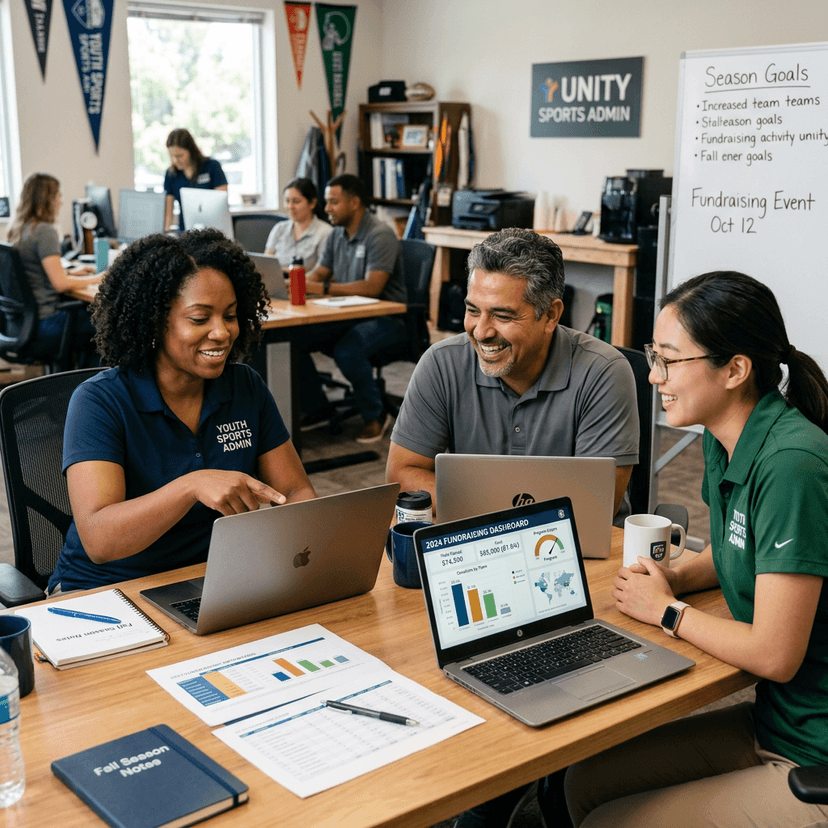 Sports administrators reviewing fundraising dashboards on laptops