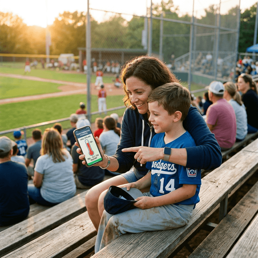 Parent and child in bleachers reviewing fundraiser progress on a smartphone