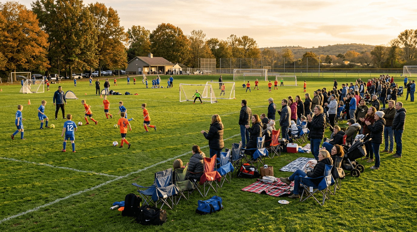 Youth sports field with families watching from the sidelines