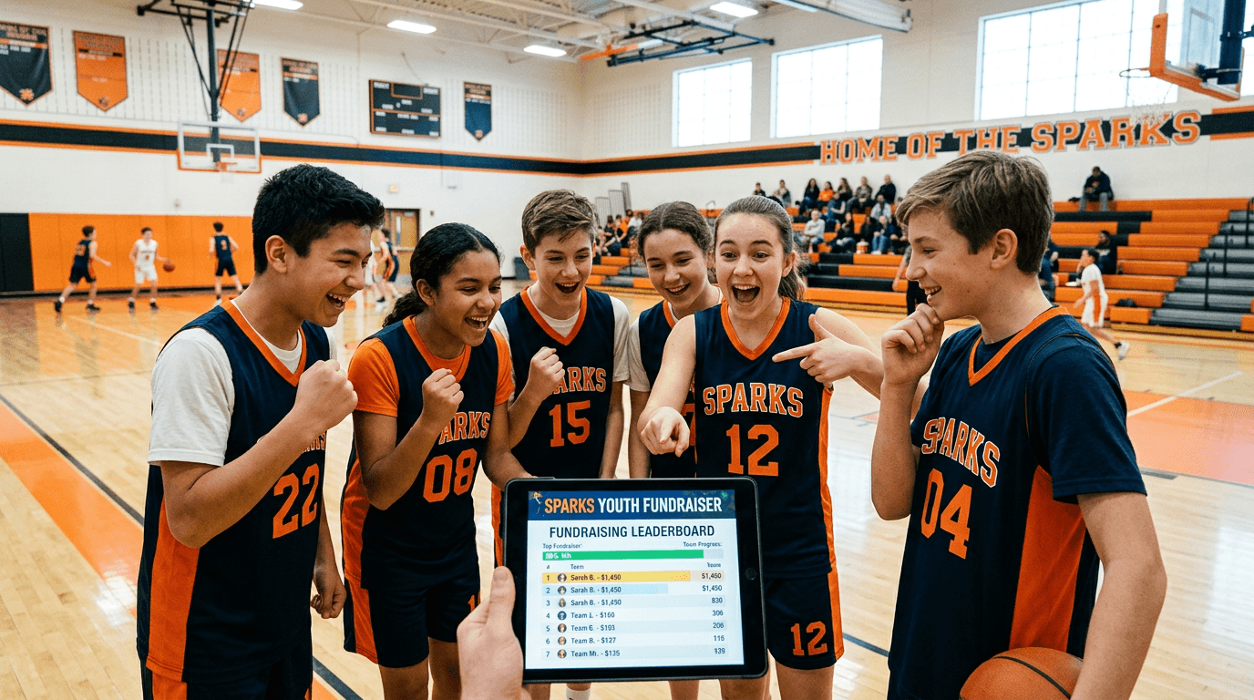 Youth basketball players excitedly checking a fundraising leaderboard