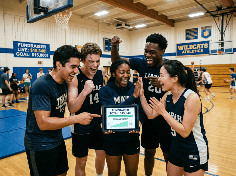 Teammates celebrating fundraising progress on a tablet