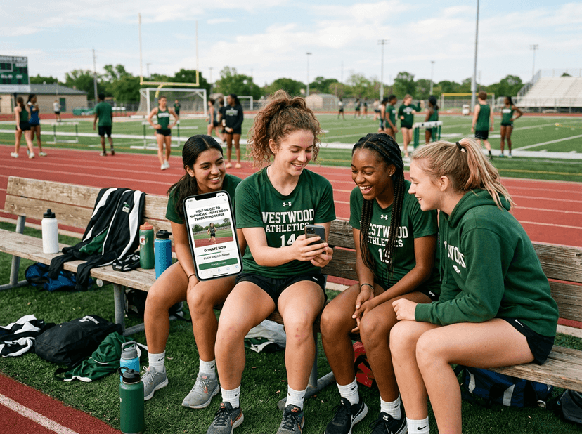 Young athlete showing fundraiser page on phone to teammates